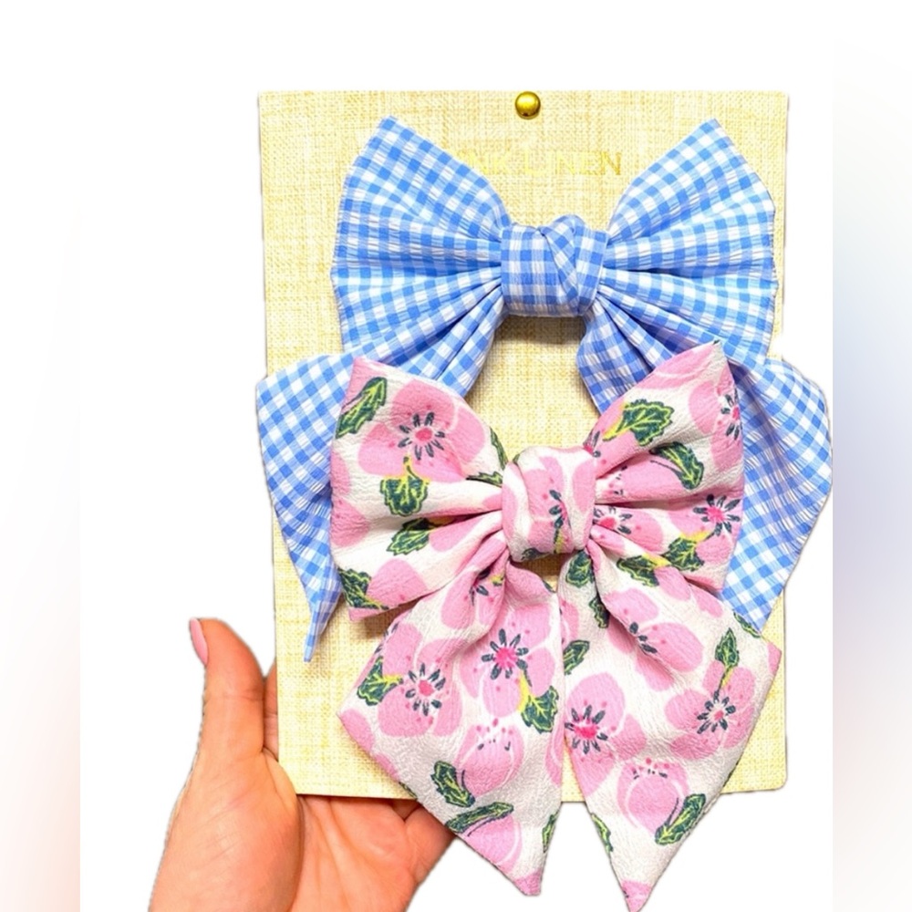 NWT 🩵🎀🩵 Pink Linen set of 2 bows clips